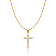 14K Gold Crucifix Cross Charm Pendant with 1.1mm Wheat Chain Necklace