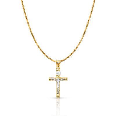 14K Gold Crucifix Cross Charm Pendant with 1.1mm Wheat Chain Necklace