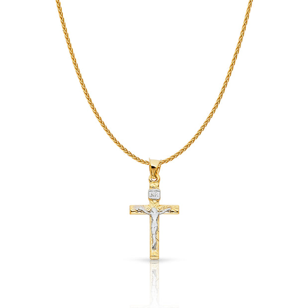 14K Gold Crucifix Cross Charm Pendant with 1.1mm Wheat Chain Necklace