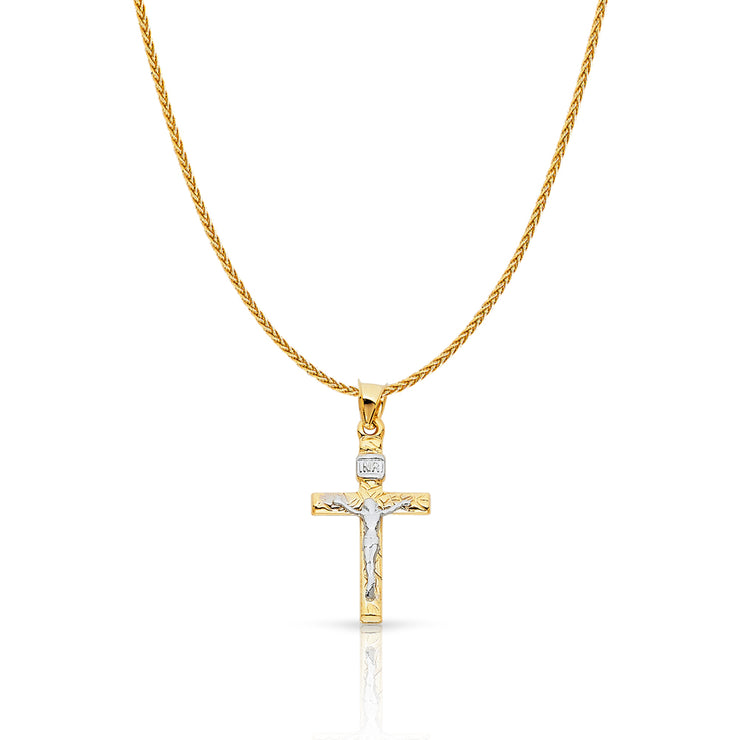 14K Gold Crucifix Cross Charm Pendant with 1.1mm Wheat Chain Necklace