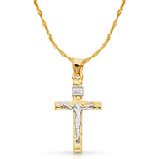 14K Gold Crucifix Cross Pendant with 1.2mm Singapore Chain