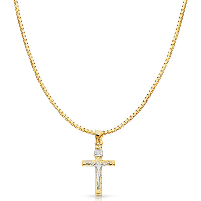 14K Gold Crucifix Cross Religious Charm Pendant with 1.2mm Box Chain Necklace