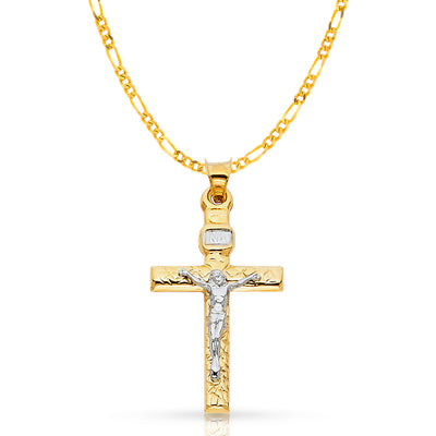 14K Gold Crucifix Cross Pendant with 2.3mm Figaro 3+1 Chain