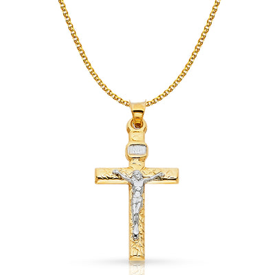 14K Gold Crucifix Cross Pendant with 1.5mm Flat Open Wheat Chain