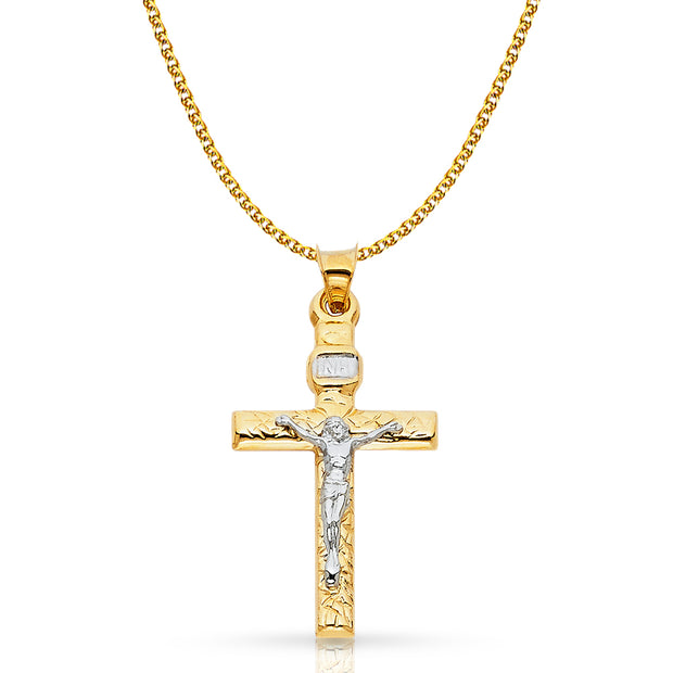 14K Gold Crucifix Cross Pendant with 1.5mm Flat Open Wheat Chain