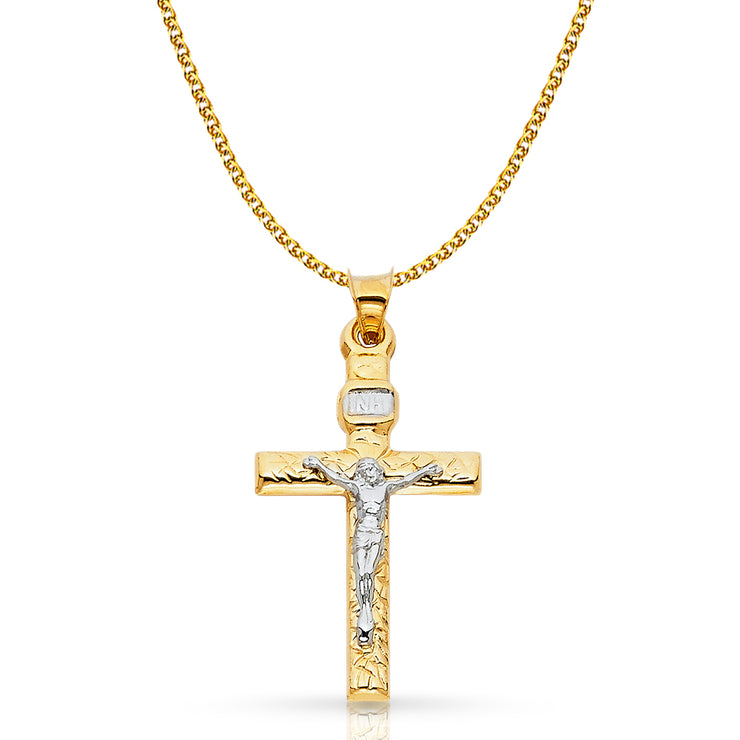 14K Gold Crucifix Cross Pendant with 1.5mm Flat Open Wheat Chain