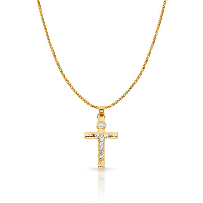 14K Gold Crucifix Cross Charm Pendant with 1.1mm Wheat Chain Necklace