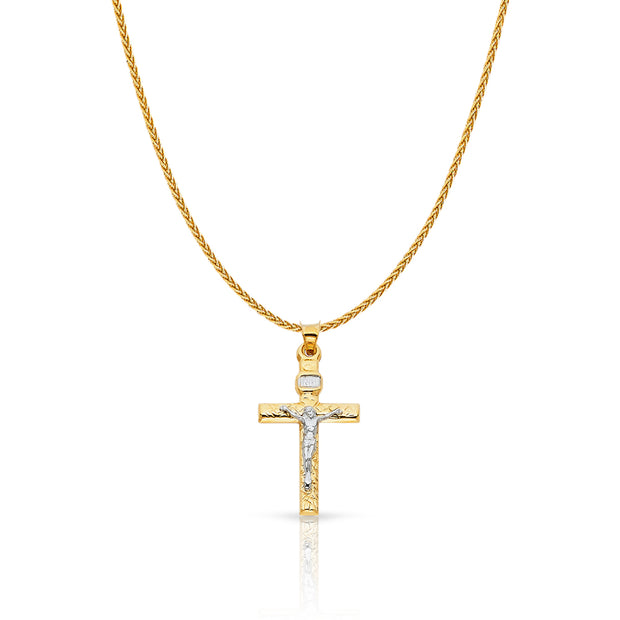 14K Gold Crucifix Cross Charm Pendant with 1.1mm Wheat Chain Necklace