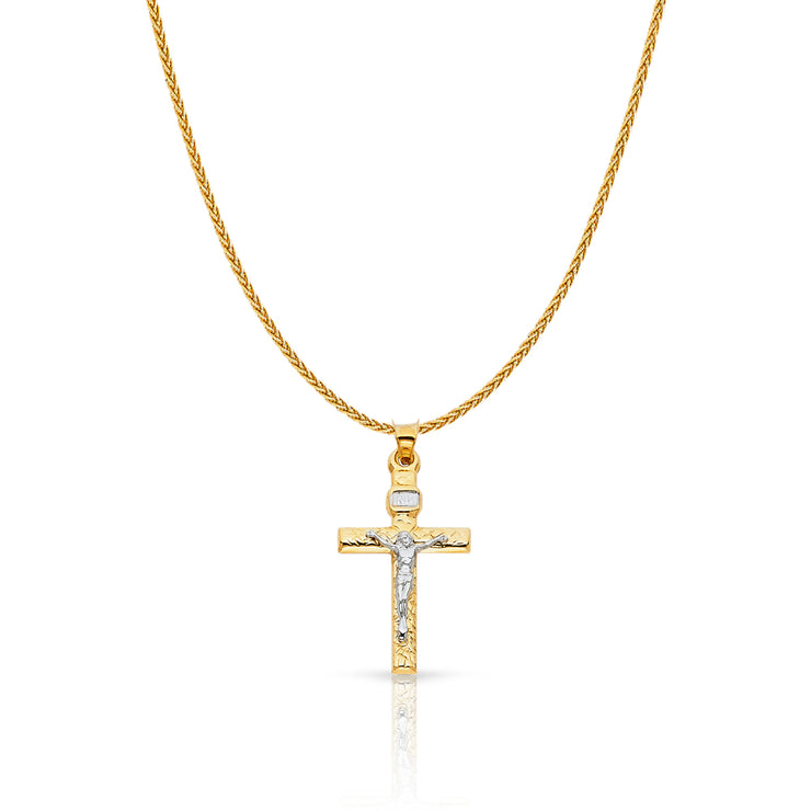 14K Gold Crucifix Cross Charm Pendant with 1.1mm Wheat Chain Necklace