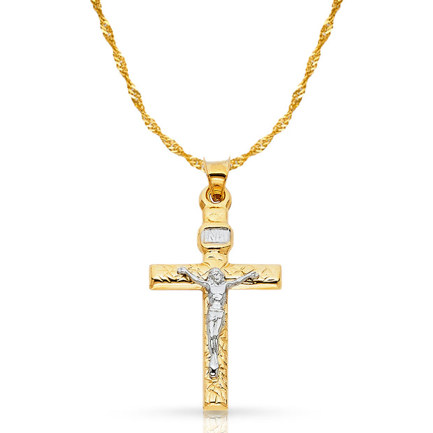 14K Gold Crucifix Cross Pendant with 1.2mm Singapore Chain