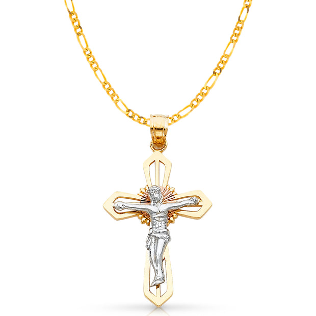 14K Gold Crucifix Cross Pendant with 2.3mm Figaro 3+1 Chain