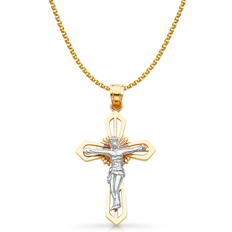 14K Gold Crucifix Cross Pendant with 1.5mm Flat Open Wheat Chain