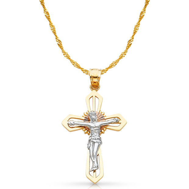 14K Gold Crucifix Cross Pendant with 1.2mm Singapore Chain