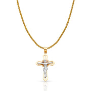 14K Gold Jesus Crucifix Cross Charm Pendant with 1.4mm Round Wheat Chain Necklace