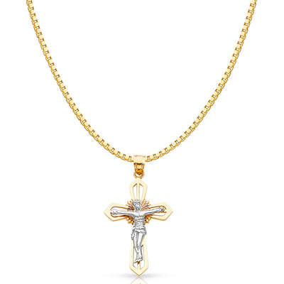 14K Gold Jesus Crucifix Cross Religious Charm Pendant with 1.2mm Box Chain Necklace