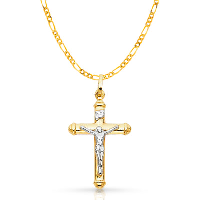 14K Gold Crucifix Cross Pendant with 2.3mm Figaro 3+1 Chain