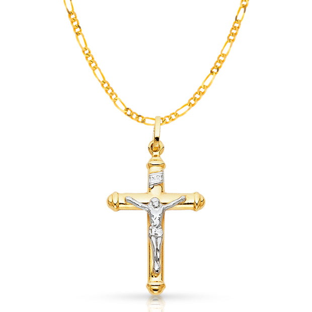 14K Gold Crucifix Cross Pendant with 2.3mm Figaro 3+1 Chain