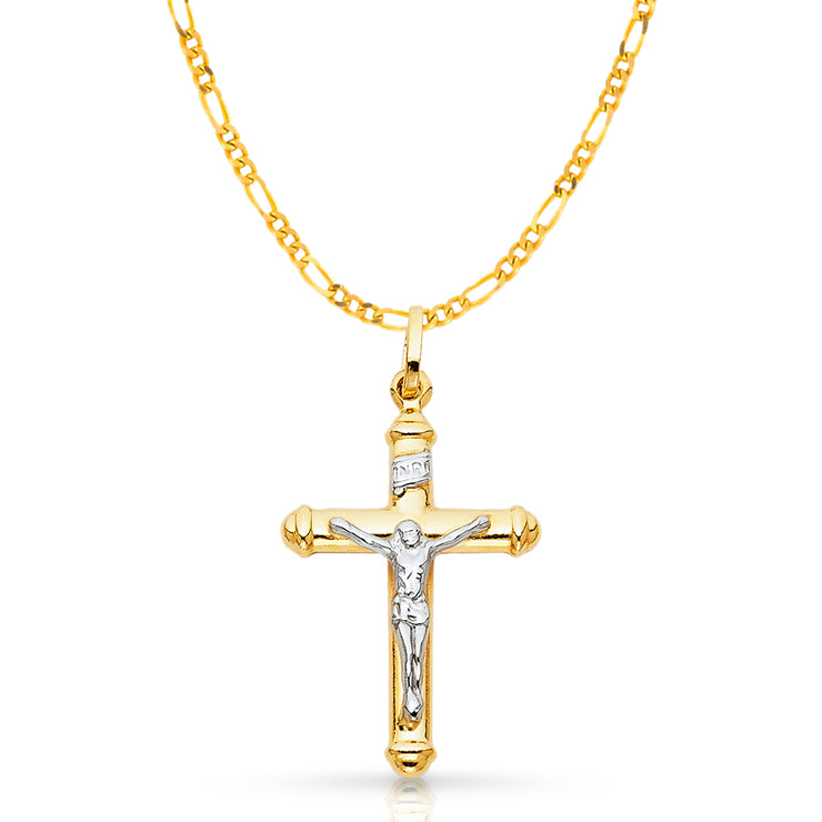 14K Gold Crucifix Cross Pendant with 2.3mm Figaro 3+1 Chain