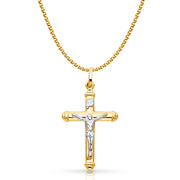 14K Gold Crucifix Cross Pendant with 1.7mm Flat Open Wheat Chain