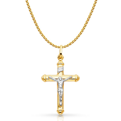 14K Gold Crucifix Cross Pendant with 1.7mm Flat Open Wheat Chain