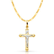 14K Gold Crucifix Cross Pendant with 2mm Figaro 3+1 Chain