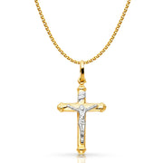 14K Gold Crucifix Cross Pendant with 1.5mm Flat Open Wheat Chain