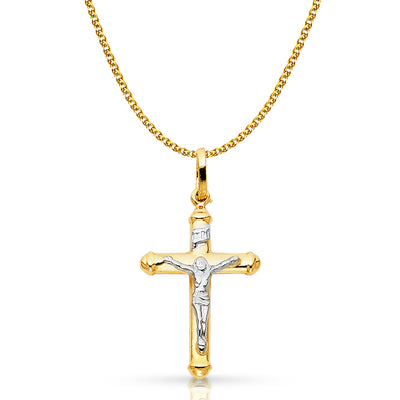 14K Gold Crucifix Cross Pendant with 1.5mm Flat Open Wheat Chain