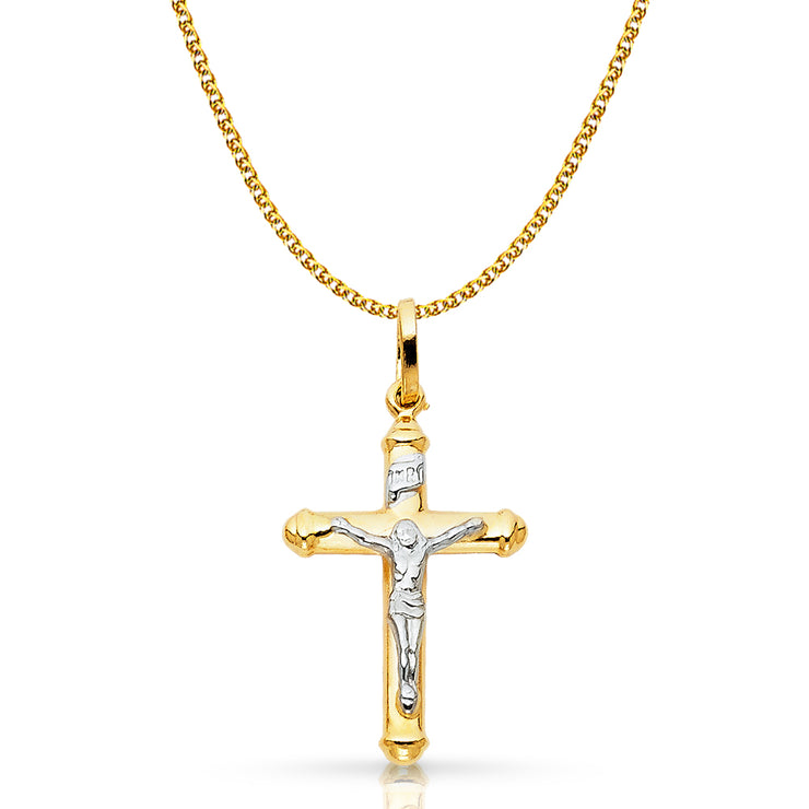 14K Gold Crucifix Cross Pendant with 1.5mm Flat Open Wheat Chain