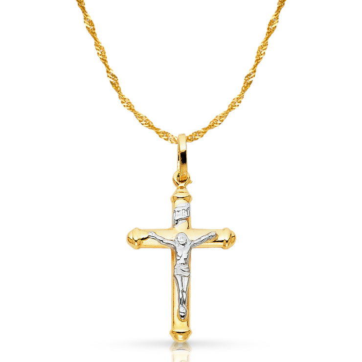 14K Gold Crucifix Cross Pendant with 1.2mm Singapore Chain