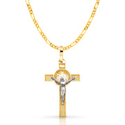 14K Gold Crucifix Cross Pendant with 2mm Figaro 3+1 Chain