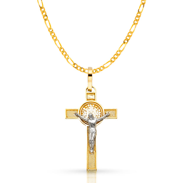 14K Gold Crucifix Cross Pendant with 2mm Figaro 3+1 Chain