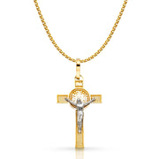 14K Gold Crucifix Cross Pendant with 1.7mm Flat Open Wheat Chain