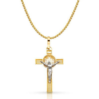 14K Gold Crucifix Cross Pendant with 1.7mm Flat Open Wheat Chain