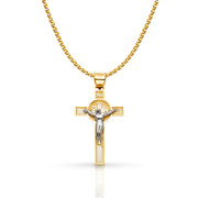 14K Gold Crucifix Cross Pendant with 1.5mm Flat Open Wheat Chain