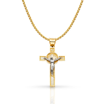 14K Gold Crucifix Cross Pendant with 1.5mm Flat Open Wheat Chain