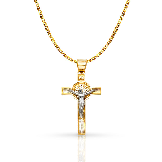 14K Gold Crucifix Cross Pendant with 1.5mm Flat Open Wheat Chain