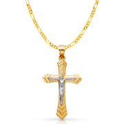 14K Gold Crucifix Cross Pendant with 2mm Figaro 3+1 Chain