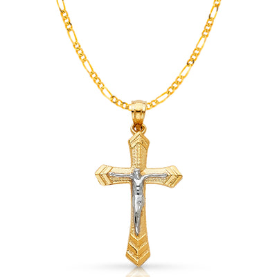 14K Gold Crucifix Cross Pendant with 2mm Figaro 3+1 Chain