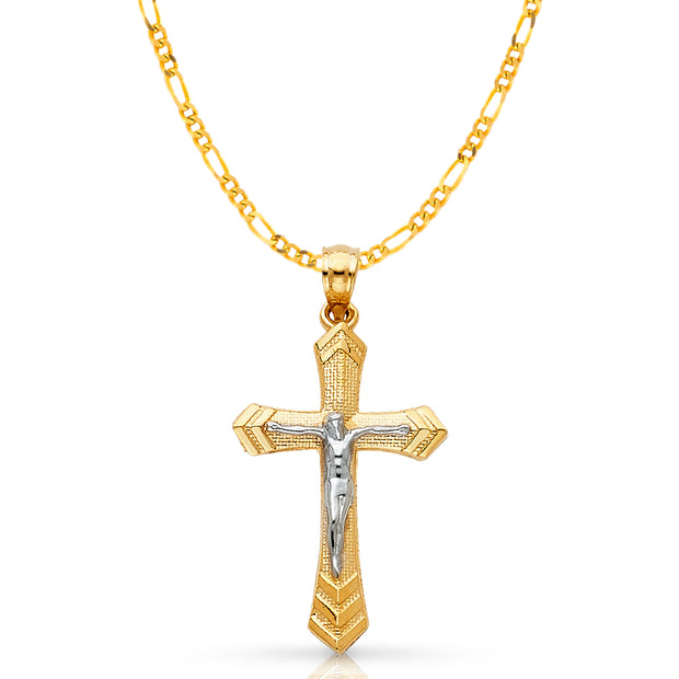 14K Gold Crucifix Cross Pendant with 2mm Figaro 3+1 Chain