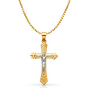 14K Gold Crucifix Cross Pendant with 1.5mm Flat Open Wheat Chain