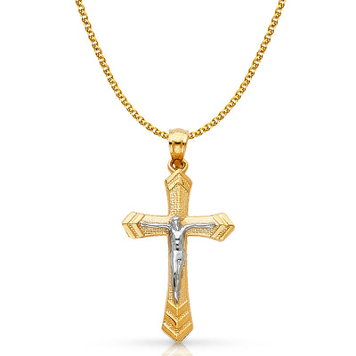 14K Gold Crucifix Cross Pendant with 1.5mm Flat Open Wheat Chain