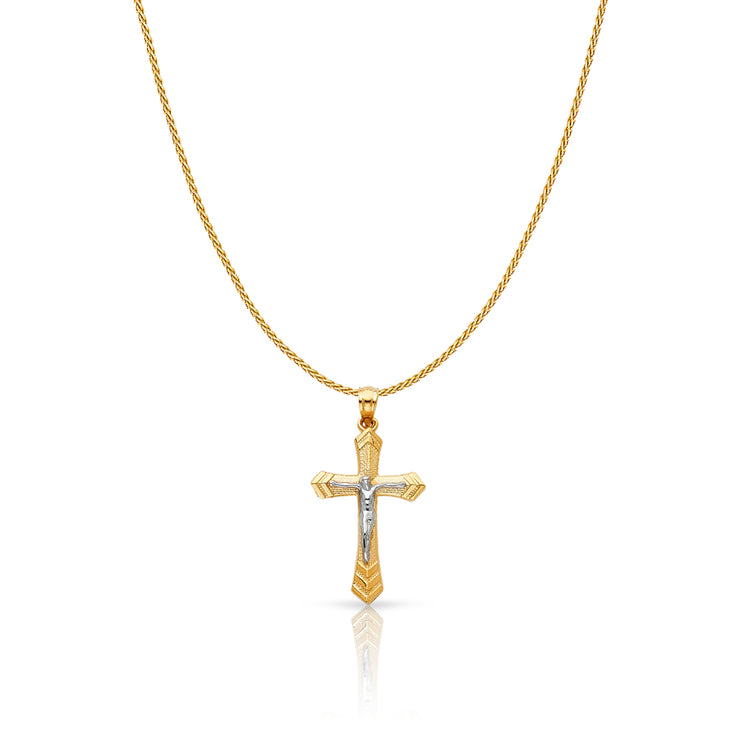 14K Gold Jesus Crucifix Cross Charm Pendant with 0.9mm Wheat Chain Necklace