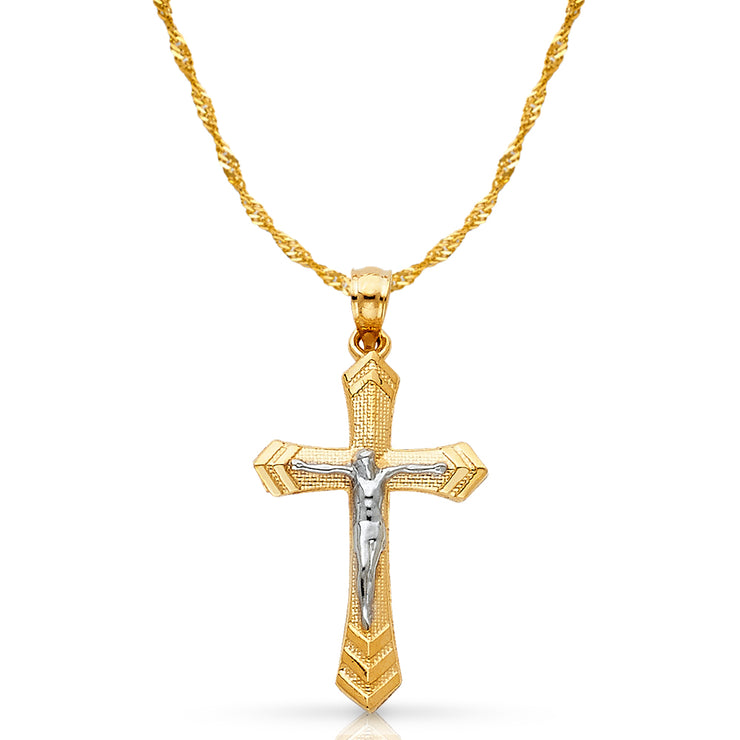 14K Gold Crucifix Cross Pendant with 1.2mm Singapore Chain