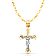 14K Gold Crucifix Cross Pendant with 2mm Figaro 3+1 Chain