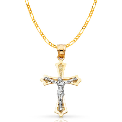 14K Gold Crucifix Cross Pendant with 2mm Figaro 3+1 Chain