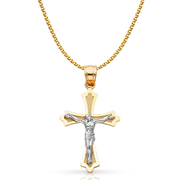 14K Gold Crucifix Cross Pendant with 1.5mm Flat Open Wheat Chain