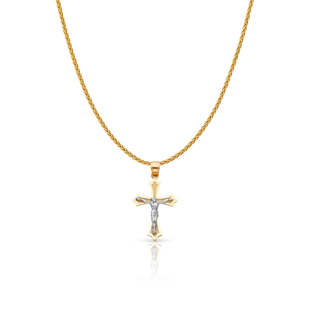 14K Gold Jesus Crucifix Cross Charm Pendant with 1.1mm Wheat Chain Necklace