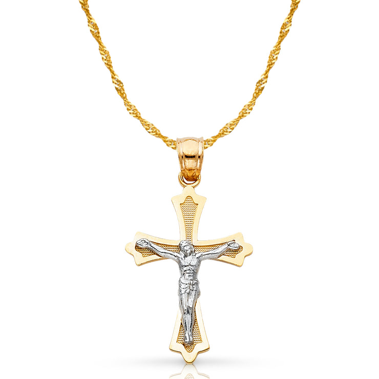 14K Gold Crucifix Cross Pendant with 1.2mm Singapore Chain