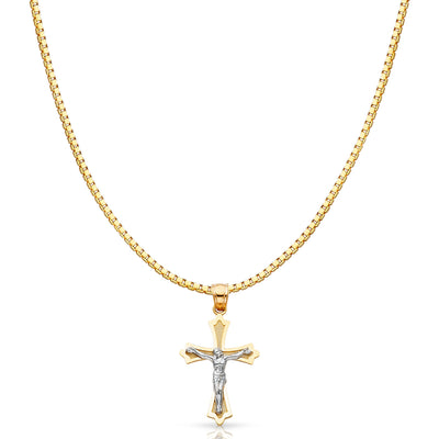 14K Gold Jesus Crucifix Cross Religious Charm Pendant with 1.2mm Box Chain Necklace