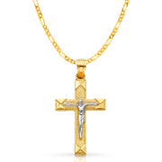 14K Gold Crucifix Cross Pendant with 2.3mm Figaro 3+1 Chain